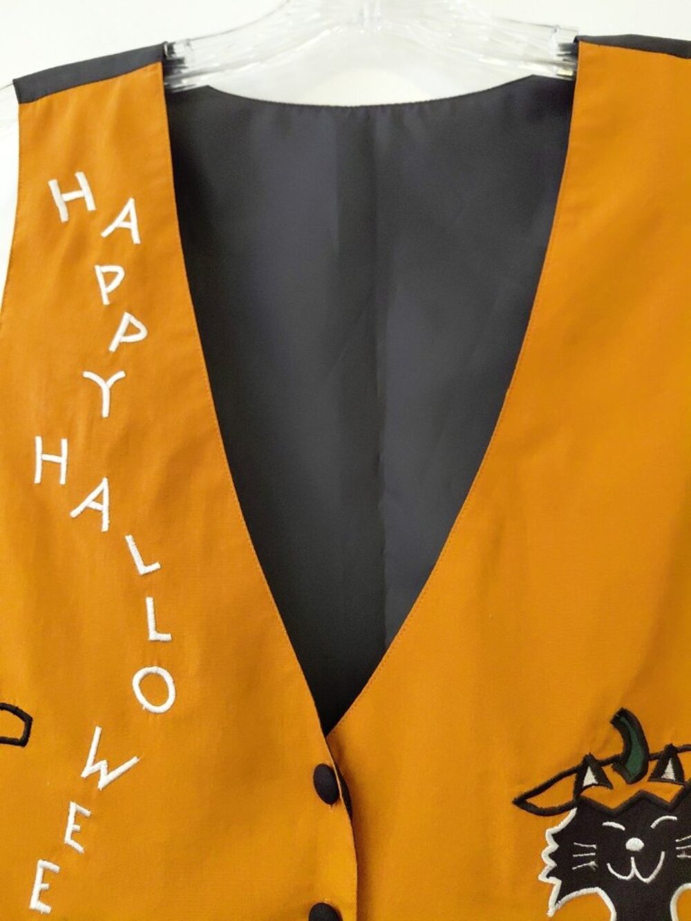 Vintage Halloween Vest Black Cat & Jack-O-Lantern Silk Nylon Orange Black Medium - Picture 4 of 6